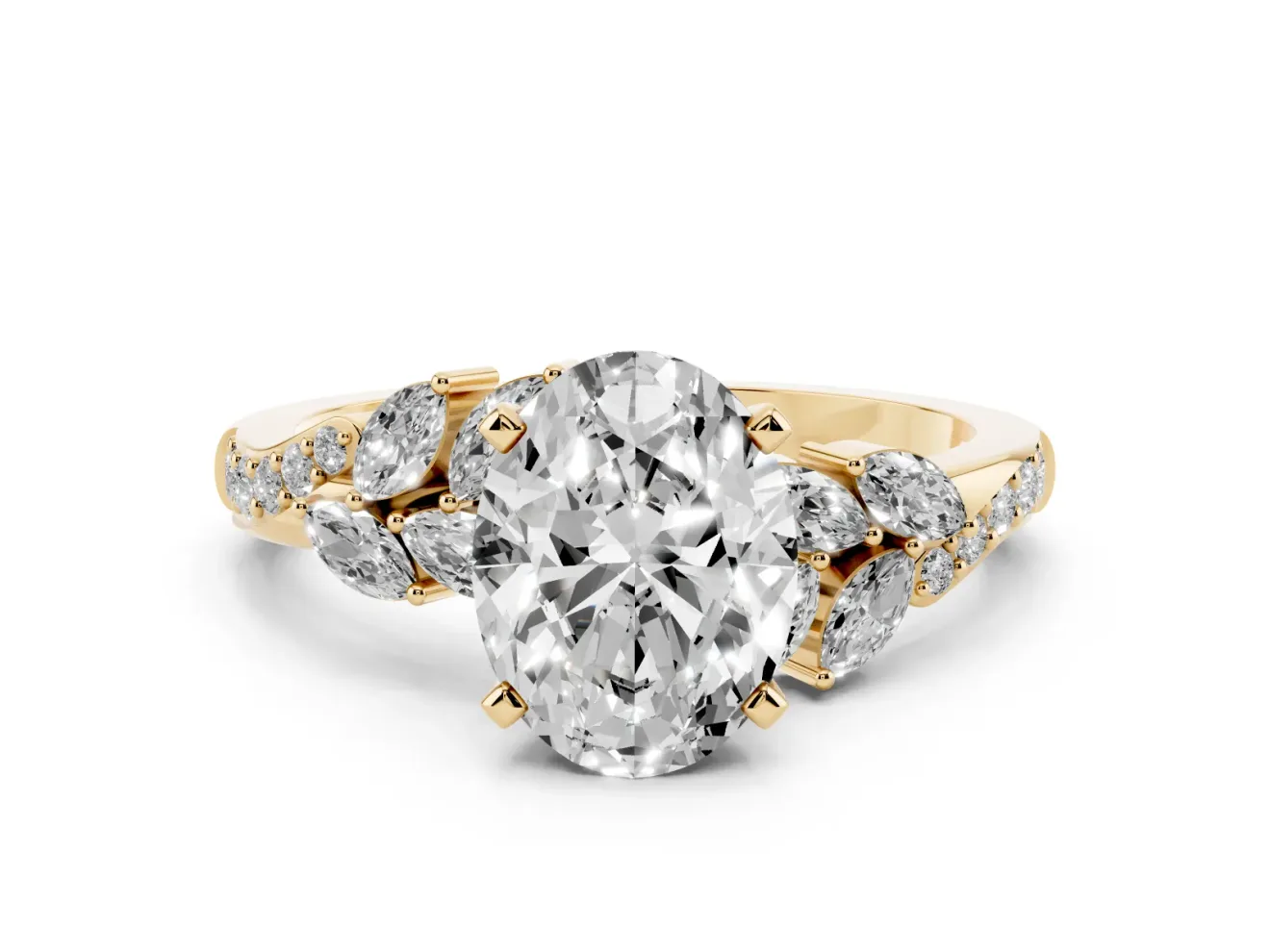 Oval Cut Diamond Solitaire Ring Set in Yellow gold with Marquise Twist Band and Prong Setting