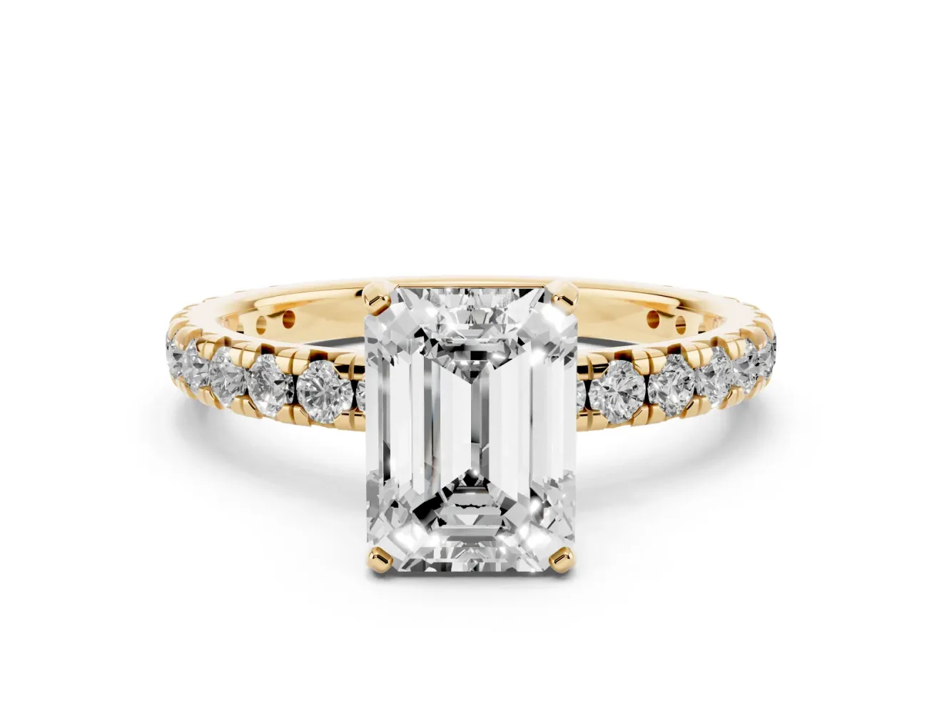 Emerald Cut Pavé Solitaire Engagement Ring Setting | Shared Prong Band | Yellow Gold