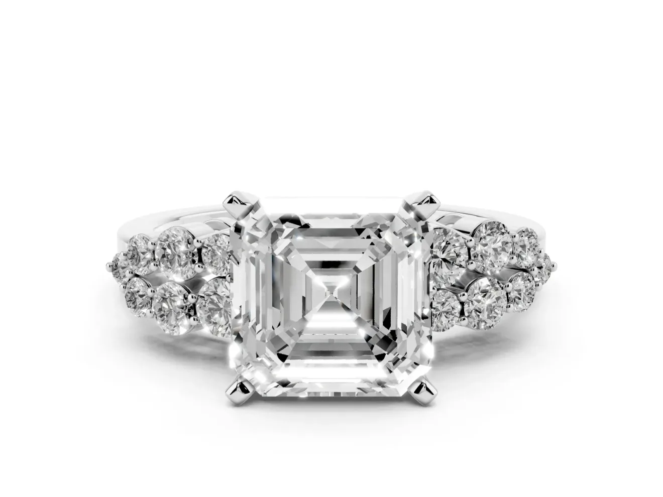 Asscher Cut Side Stone Engagement Ring Setting | Two-Row Shoulder Clusters | Platinum