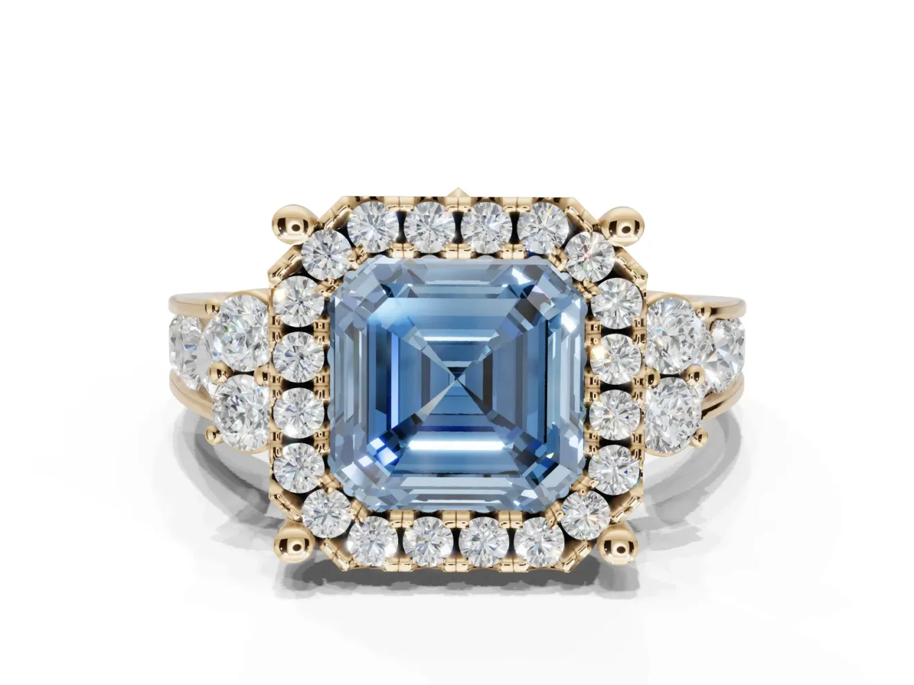 Asscher Cut Halo Engagement Ring Setting for a Fancy Blue Lab-Grown Diamond | Graduated Channel Band | Yellow Gold
