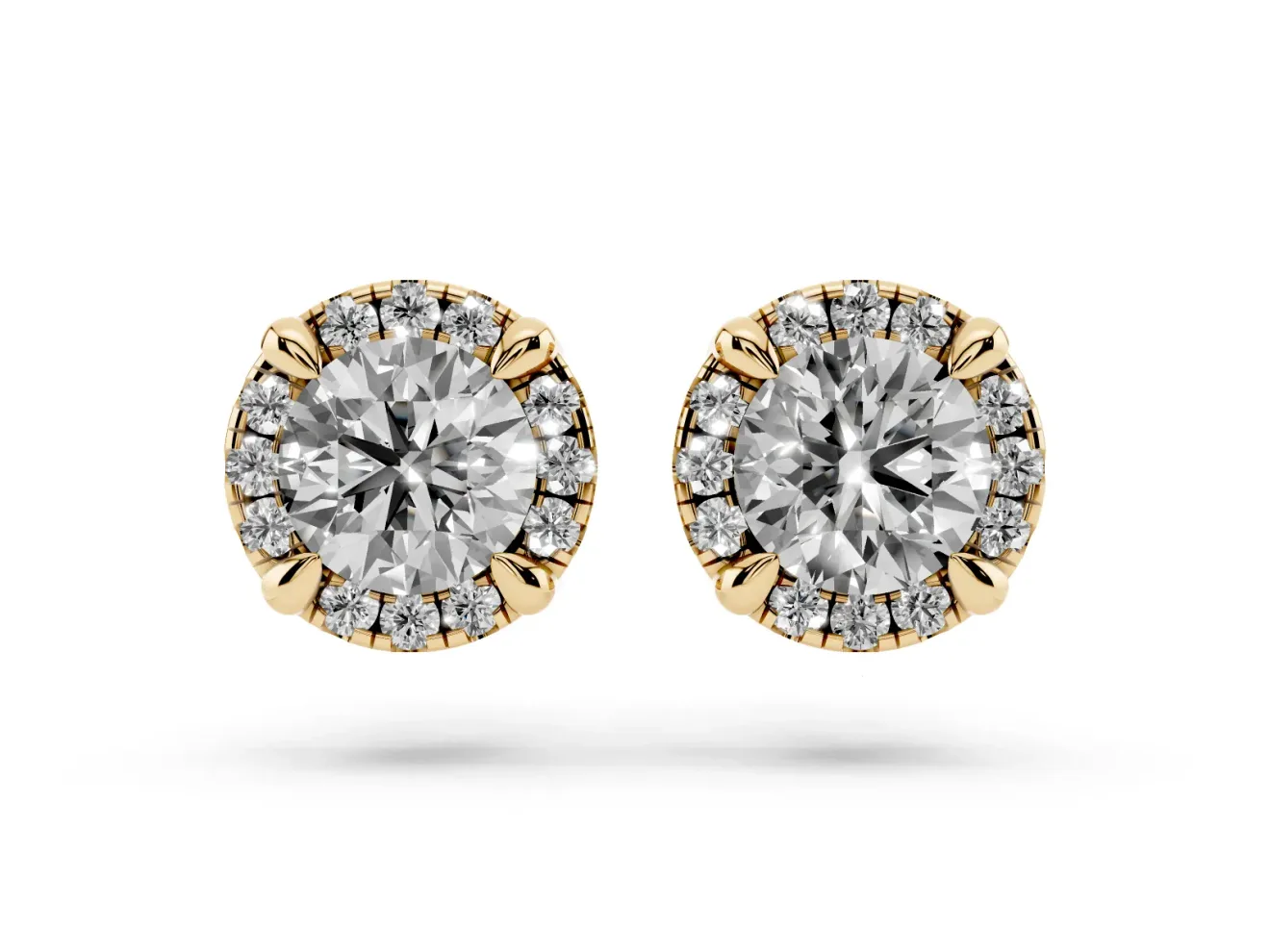 Round Lab-Grown Diamond Pavé Halo Stud Earrings | Accented Head | Yellow Gold