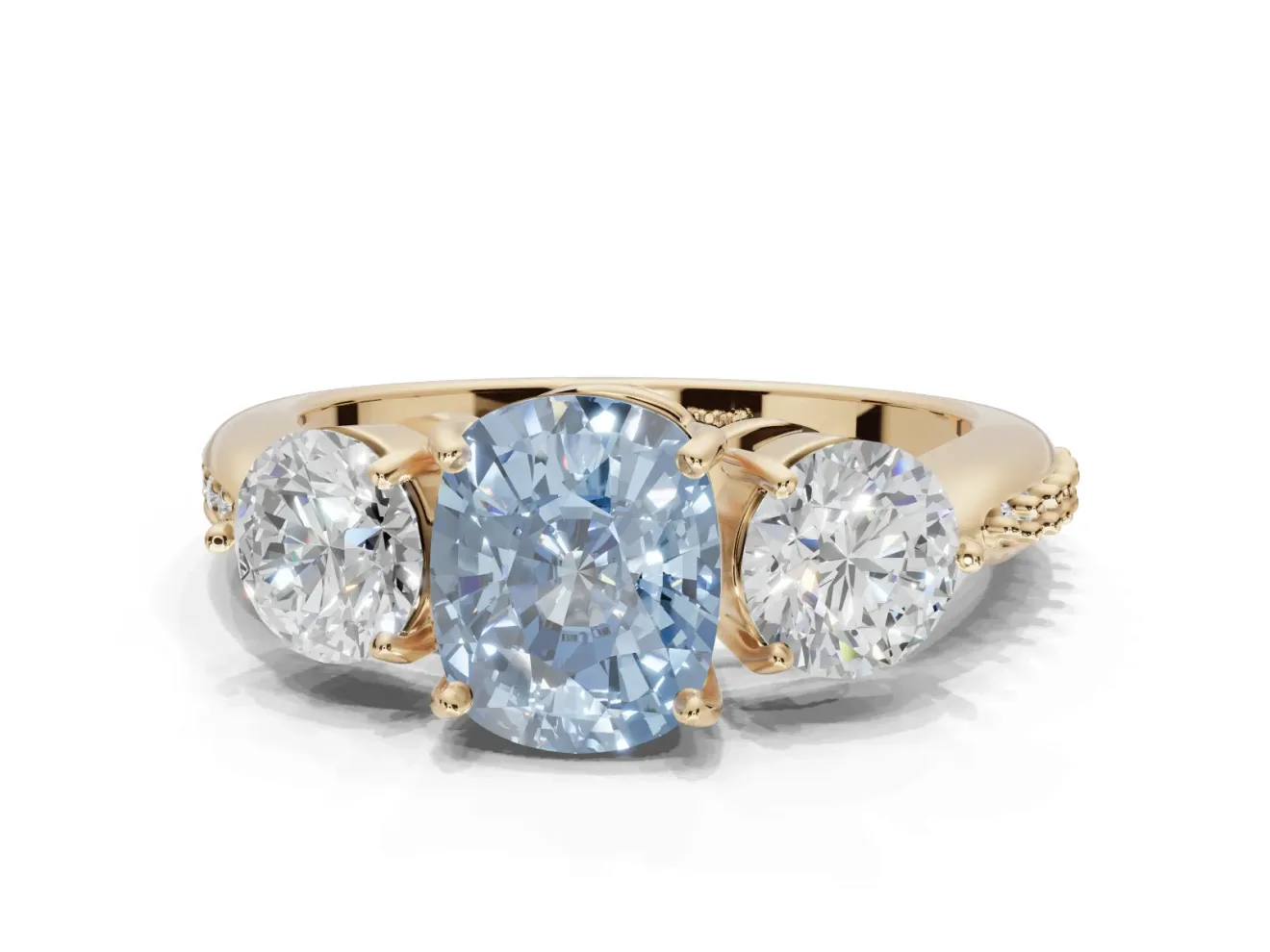 Cushion Cut Three Stone Engagement Ring Setting for a Fancy Blue Lab-Grown Diamond | Tapered Pave Band | Yellow Gold
