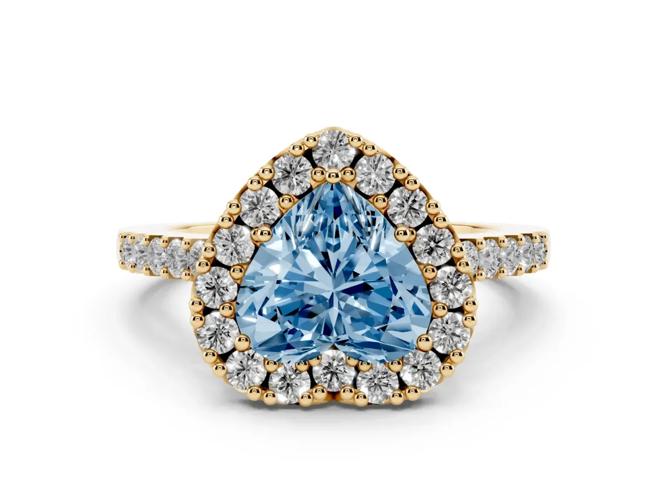 Heart-Shaped Halo Engagement Ring Setting for a Fancy Blue Lab-Grown Diamond | Single Row Pavé Band | Yellow Gold
