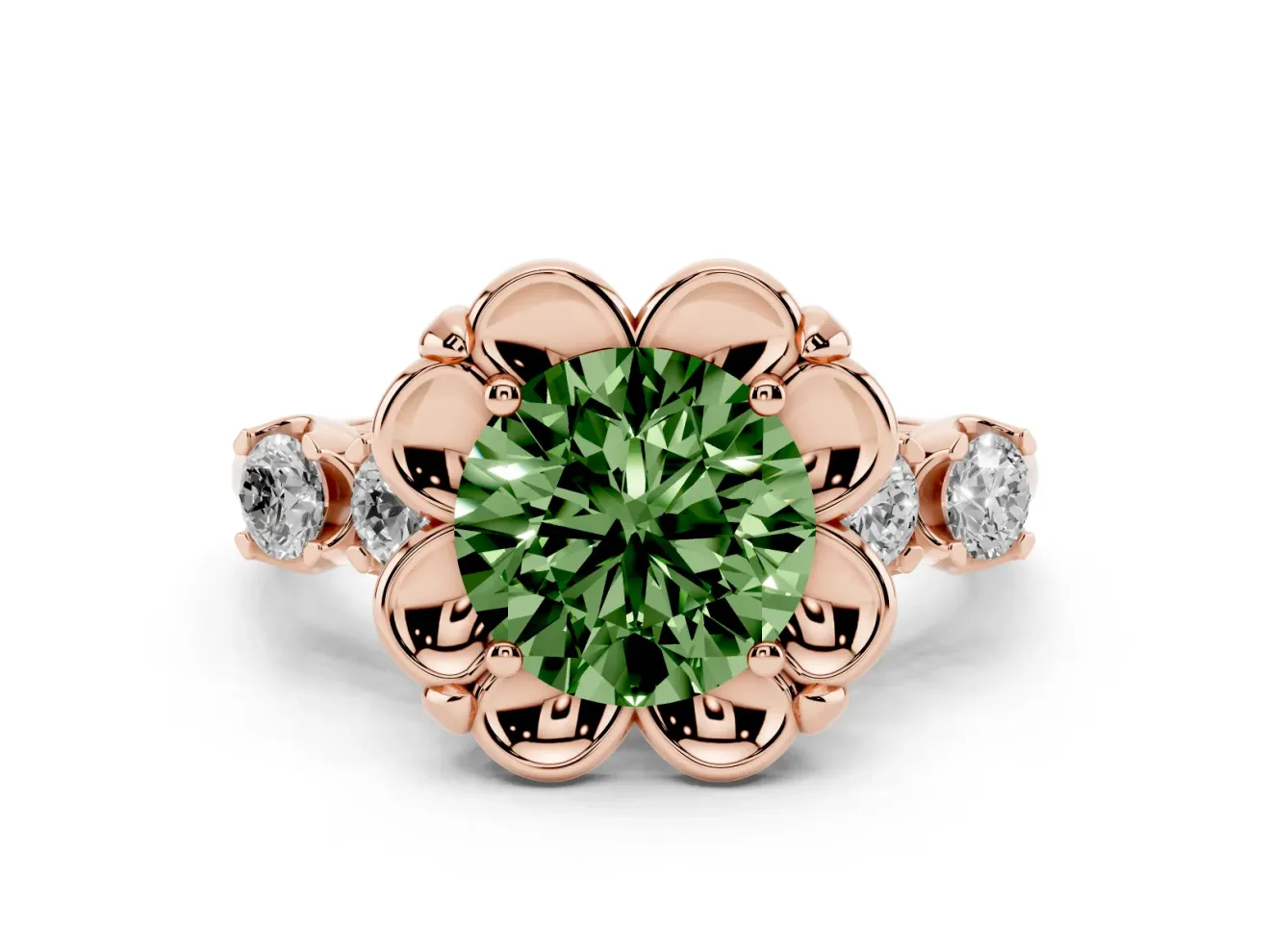 Round Floral Engagement Ring Setting for a Fancy Green Lab-Grown Diamond | Petal Frame | Rose Gold