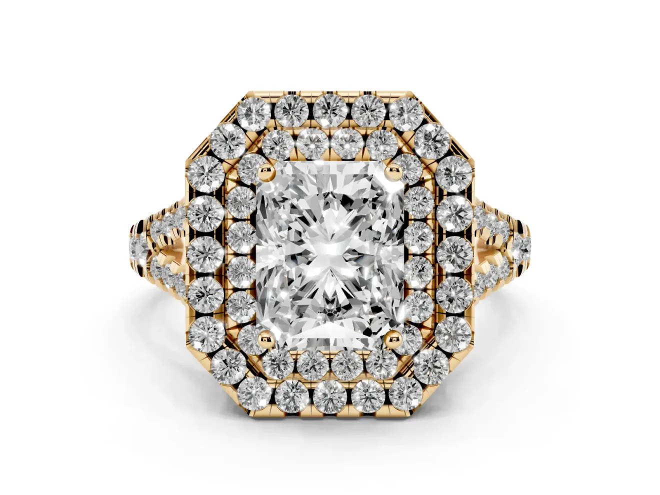 Radiant Cut Halo Split Shank Engagement Ring Setting | Yellow Gold