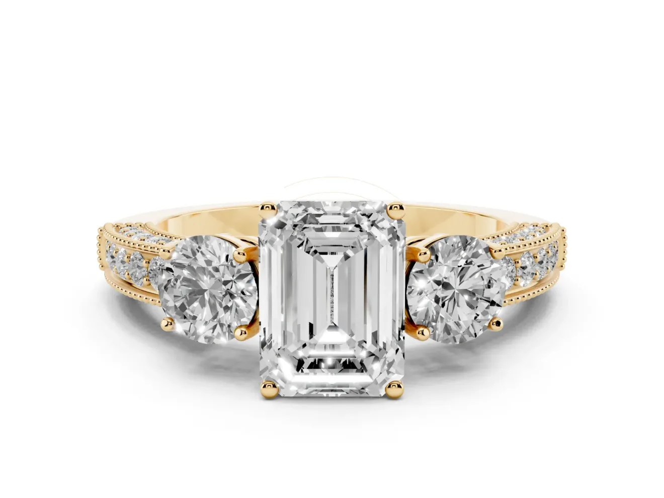 Emerald Cut Vintage Three Stone Engagement Ring Setting | Graduated Milgrain Pave | Yellow Gold