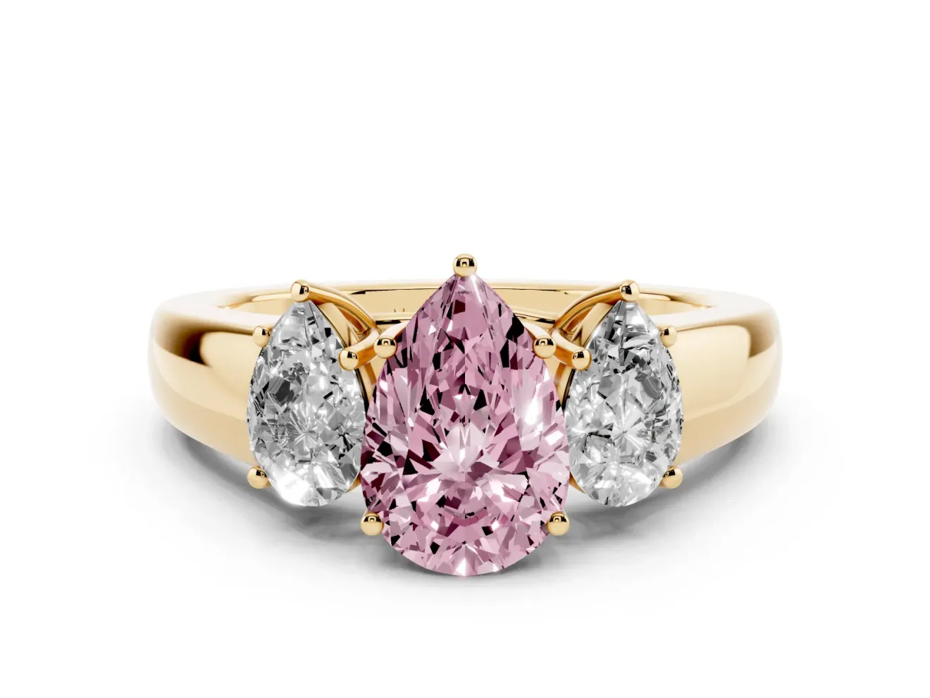 Fancy Pink Three-Stone Pear Cut Diamond Ring Set in Yellow gold with Matching Prong Settings and Plain Band