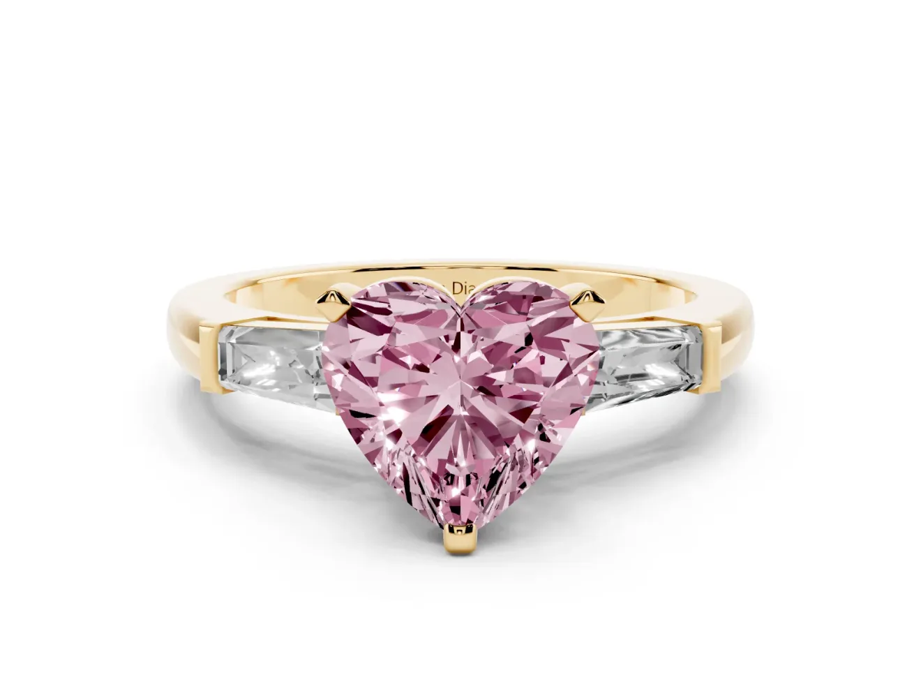 Heart-Shaped Three Stone Engagement Ring Setting for a Fancy Pink Lab-Grown Diamond | Tapered Baguettes | Yellow Gold