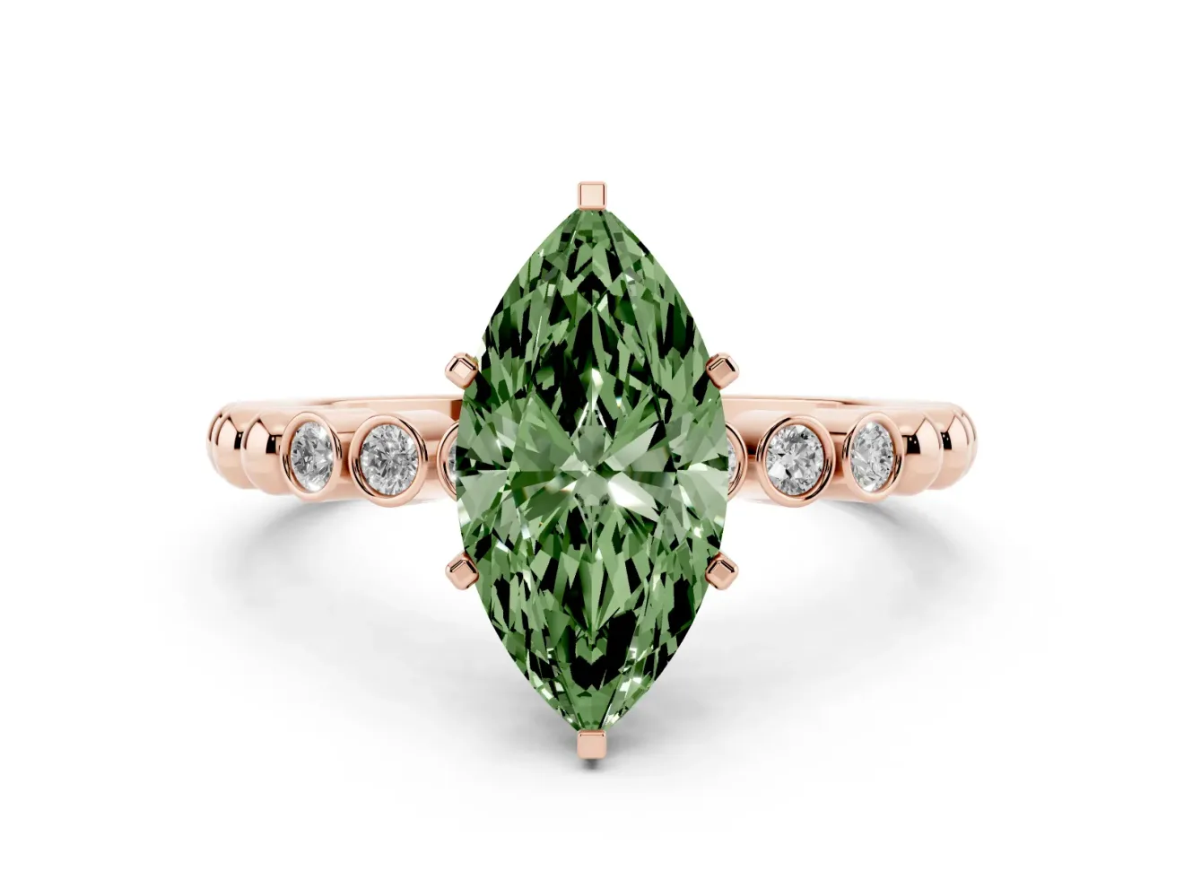 Fancy Green Marquise Cut Diamond Solitaire Engagement Ring Set in Rose gold with Bezel Accents on Beaded Band