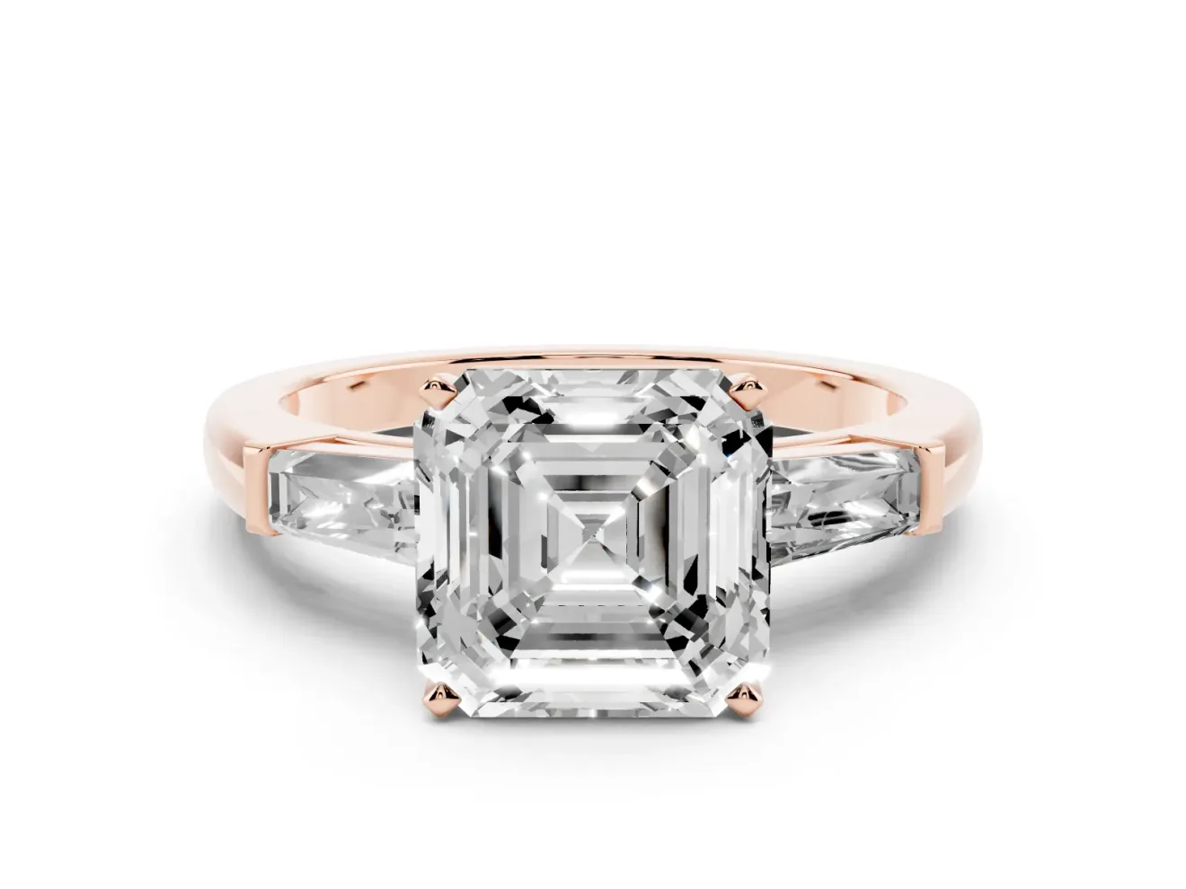 Asscher Cut Diamond Solitaire Ring Set in Rose gold with Tapered Baguette Side Stones and Prong Setting