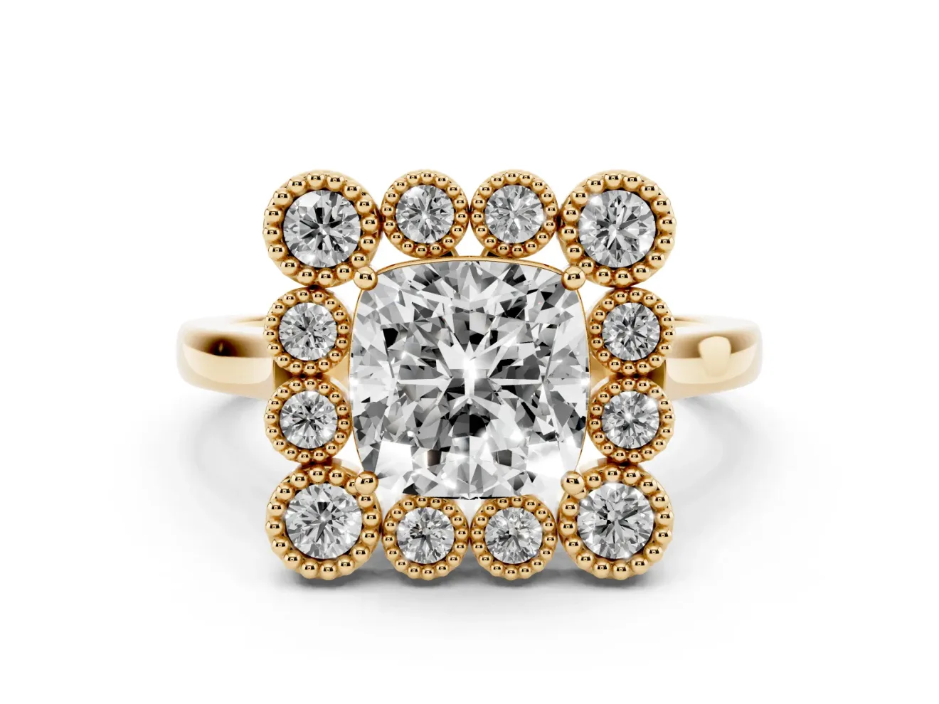 Cushion Cut Vintage Milgrain Bezel Cluster Halo Engagement Ring Setting | Plain Band | Yellow Gold
