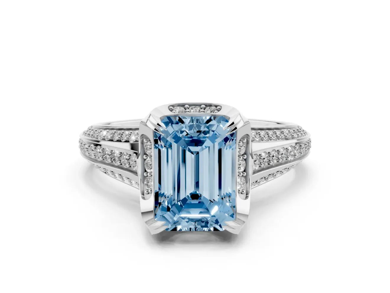 Fancy Blue Emerald Cut Diamond Pavé Split Shank Solitaire Ring Set in Silver with Prong Setting