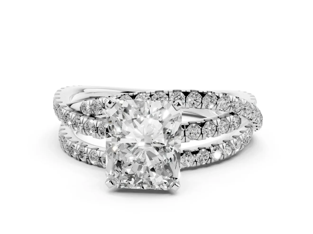 Radiant Cut Diamond Solitaire Twist Band Ring Set in White gold with Pavé Setting and Prong Head