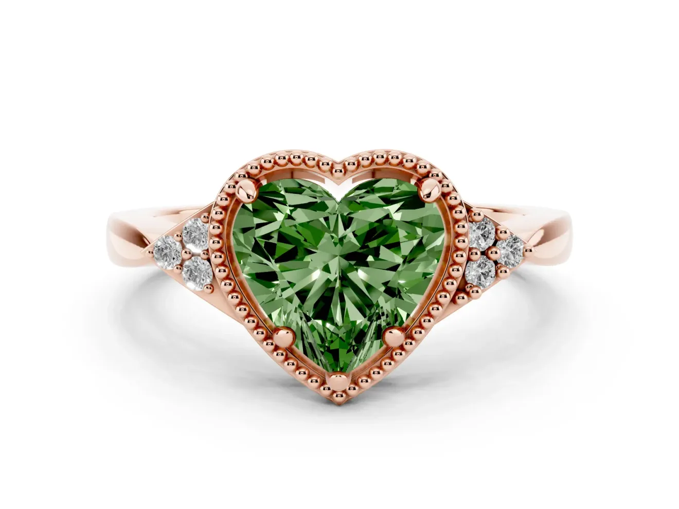 Fancy Green Heart Cut Diamond Milgrain Solitaire Ring Set in Rose gold with Tapered Pavé Band and Prong Setting