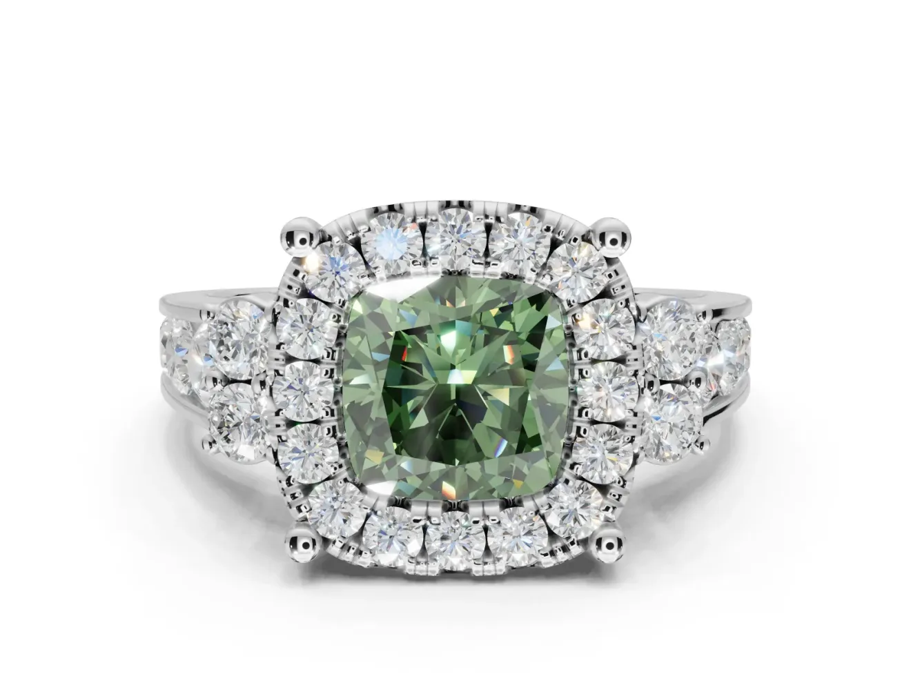 Cushion Cut Halo Engagement Ring Setting for a Fancy Green Lab-Grown Diamond | Graduated Channel Band | Platinum