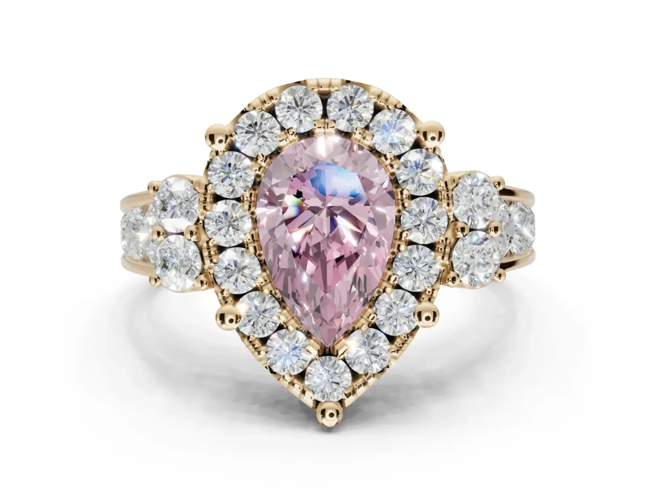 Pear-Shaped Halo Engagement Ring Setting for a Fancy Pink Lab-Grown Diamond | Graduated Channel Band | Yellow Gold