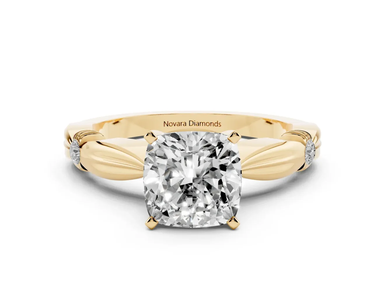 Cushion Cut Diamond Solitaire Twisted Band Ring Set in Yellow gold with Accent Stones and Prong Setting