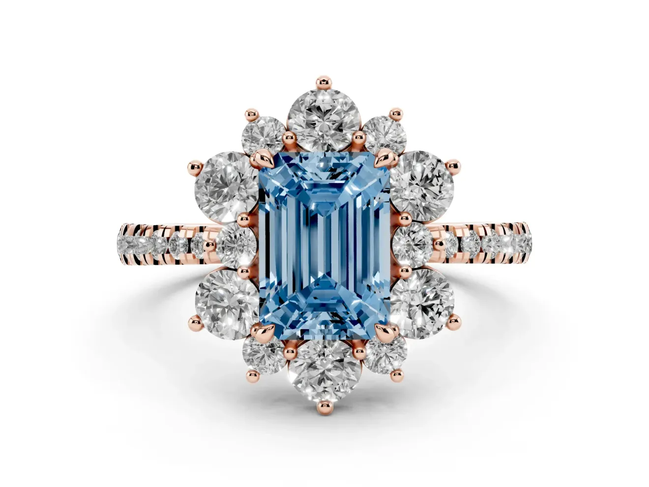 Emerald Cut Star Floral Halo Engagement Ring Setting for a Fancy Blue Lab-Grown Diamond | Rose Gold