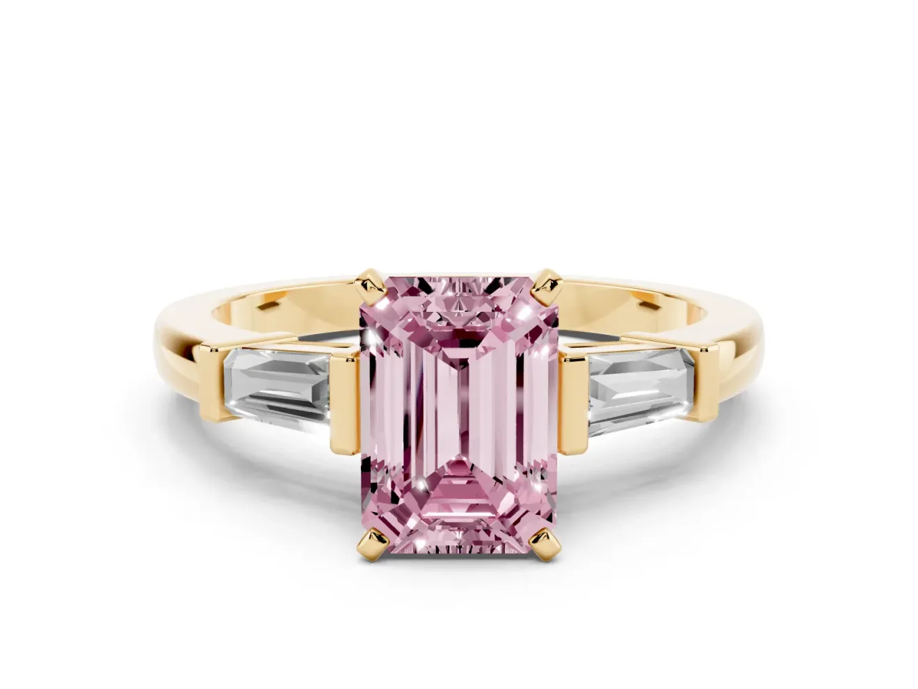 Fancy Pink Emerald Cut Diamond Solitaire Ring Set in Yellow gold with Tapered Baguette Accents and Prong Setting