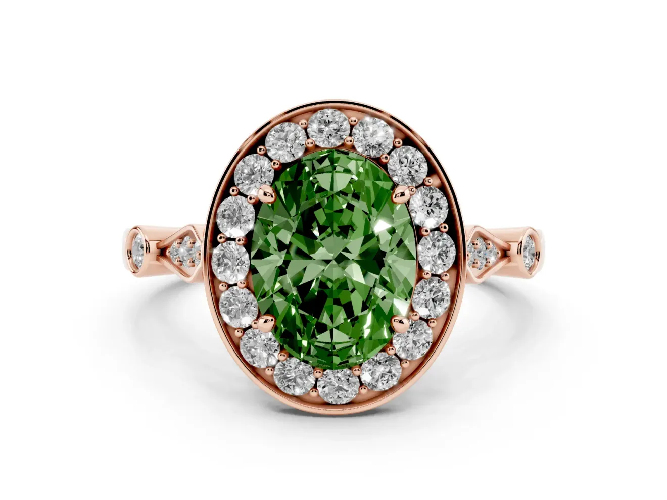 Oval Halo Engagement Ring Setting for a Fancy Green Lab-Grown Diamond | Bezel Stations | Rose Gold