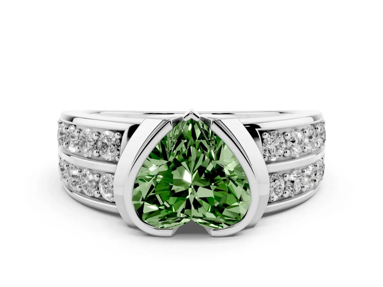 Heart-Shaped Half Bezel Engagement Ring Setting for a Fancy Green Lab-Grown Diamond | Channel Band | Sterling Silver