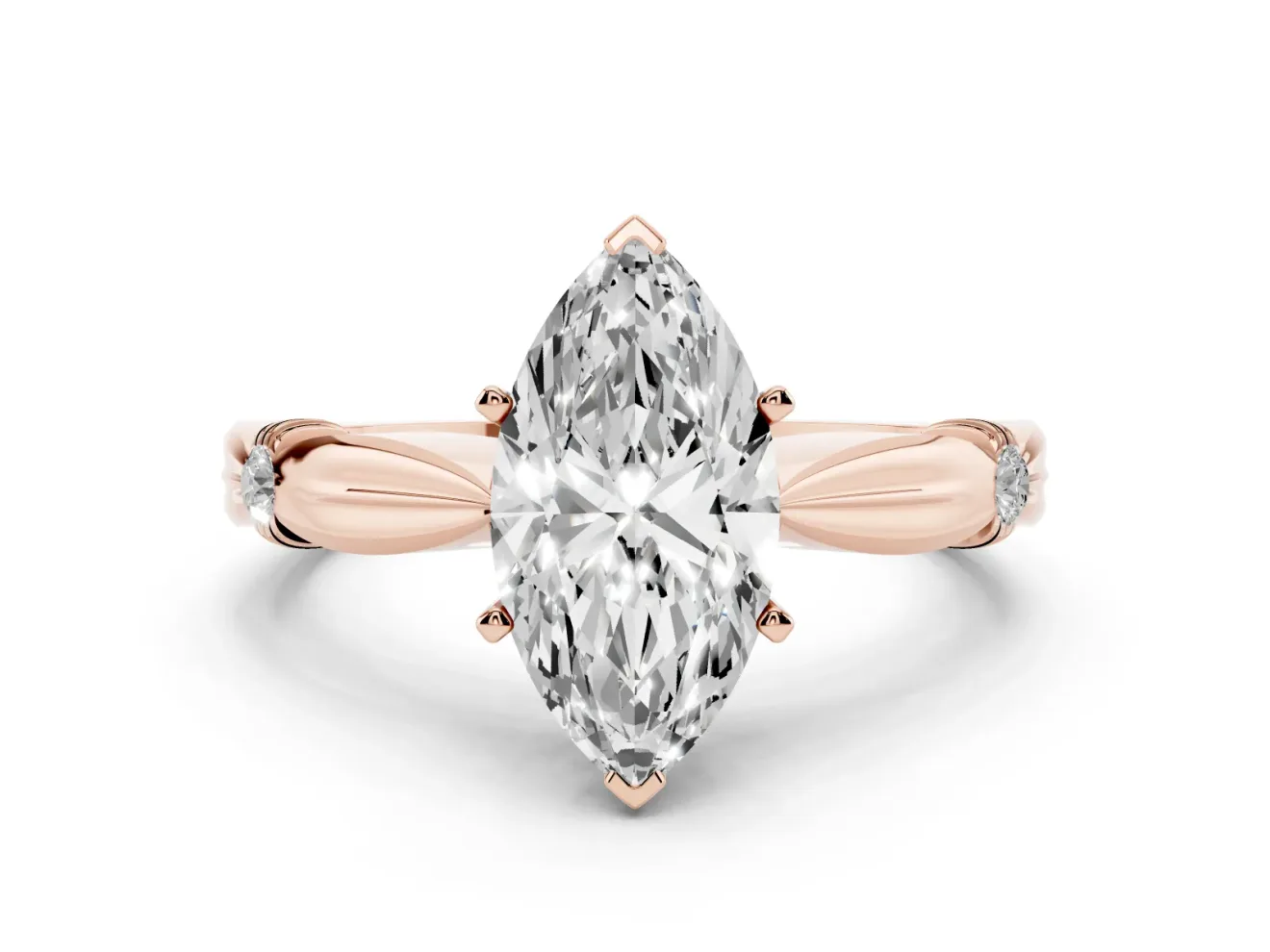 Marquise Cut Diamond Solitaire Twisted Band Ring Set in Rose gold with Accent Stones and Prong Setting