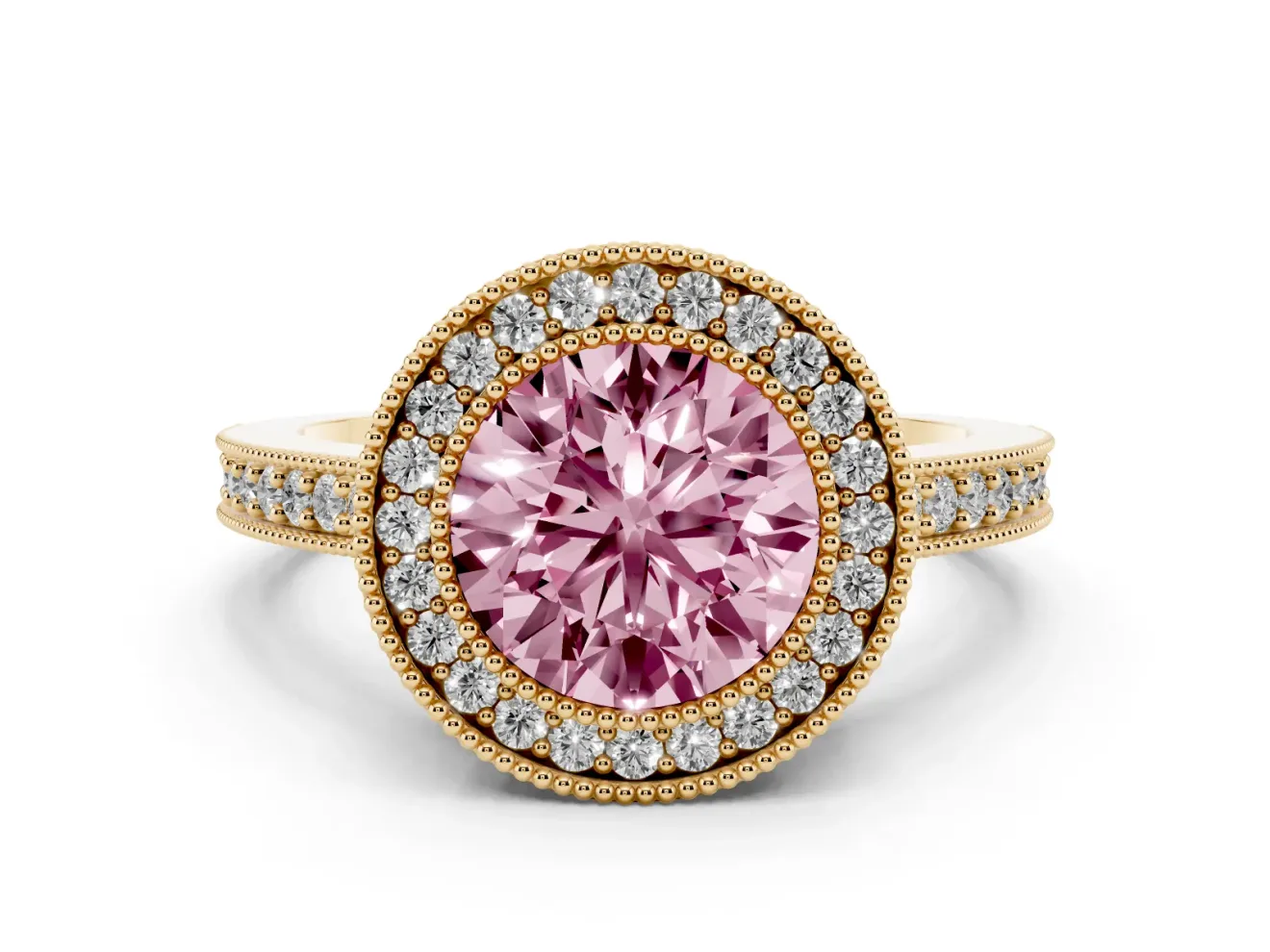 Fancy Pink Round Cut Diamond Halo Engagement Ring Set in Yellow gold with Pavé Band and Round Halo Stones