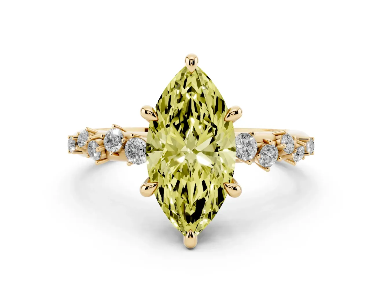 Fancy Yellow Marquise Cut Diamond Solitaire Vine Band Ring Set in Yellow gold with Round Accents and Prong Setting