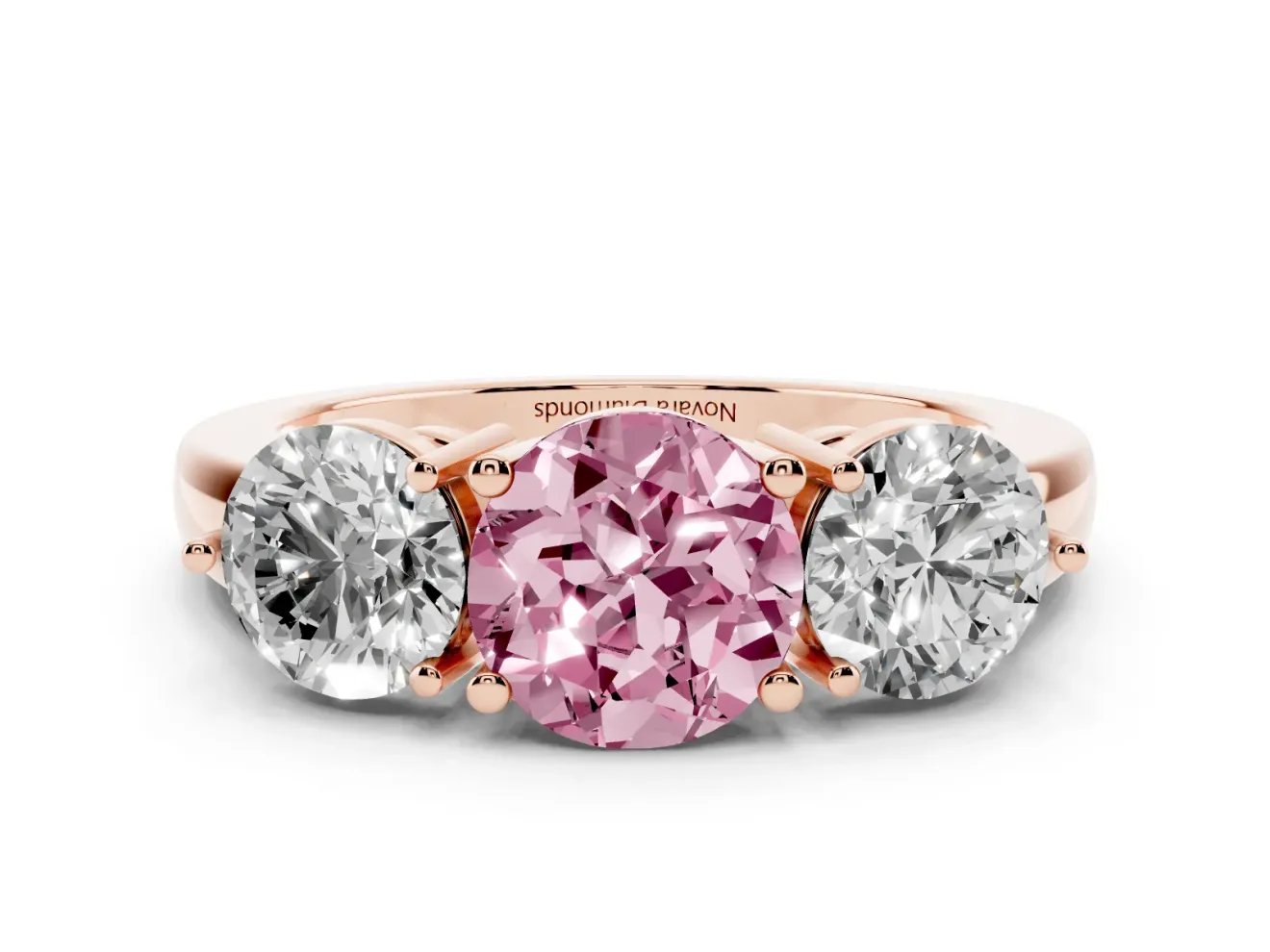 Round Three Stone Engagement Ring Setting for a Fancy Pink Lab-Grown Diamond | Large Round Side Stones | Rose Gold