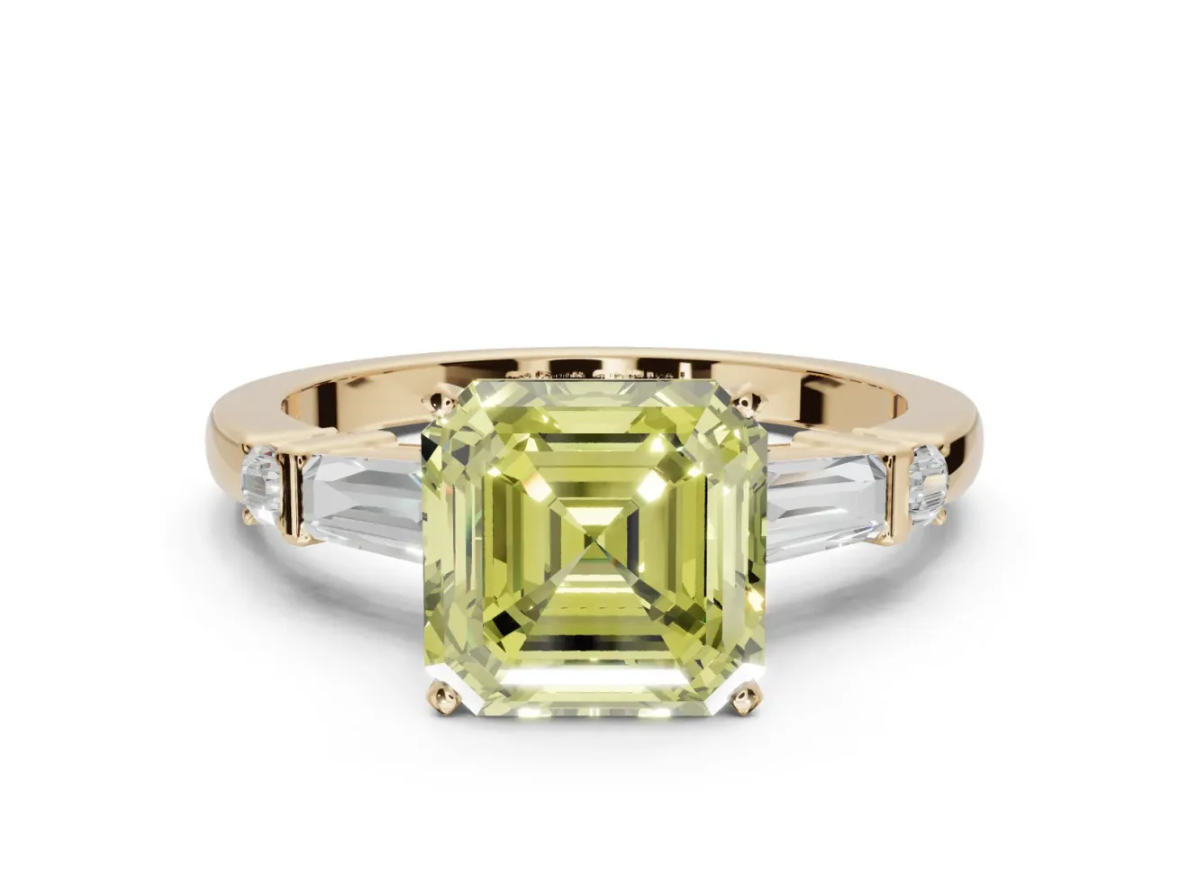 Asscher Cut Tapered Baguette Engagement Ring Setting for a Fancy Yellow Lab-Grown Diamond | Bar Set Sides | Yellow Gold