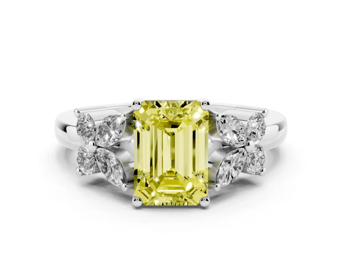 Emerald Cut Floral Engagement Ring Setting for a Fancy Yellow Lab-Grown Diamond | Sterling Silver