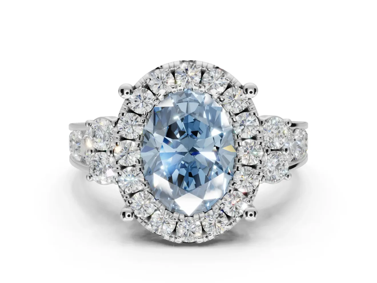 Oval Halo Engagement Ring Setting for a Fancy Blue Lab-Grown Diamond | Side Clusters | Platinum