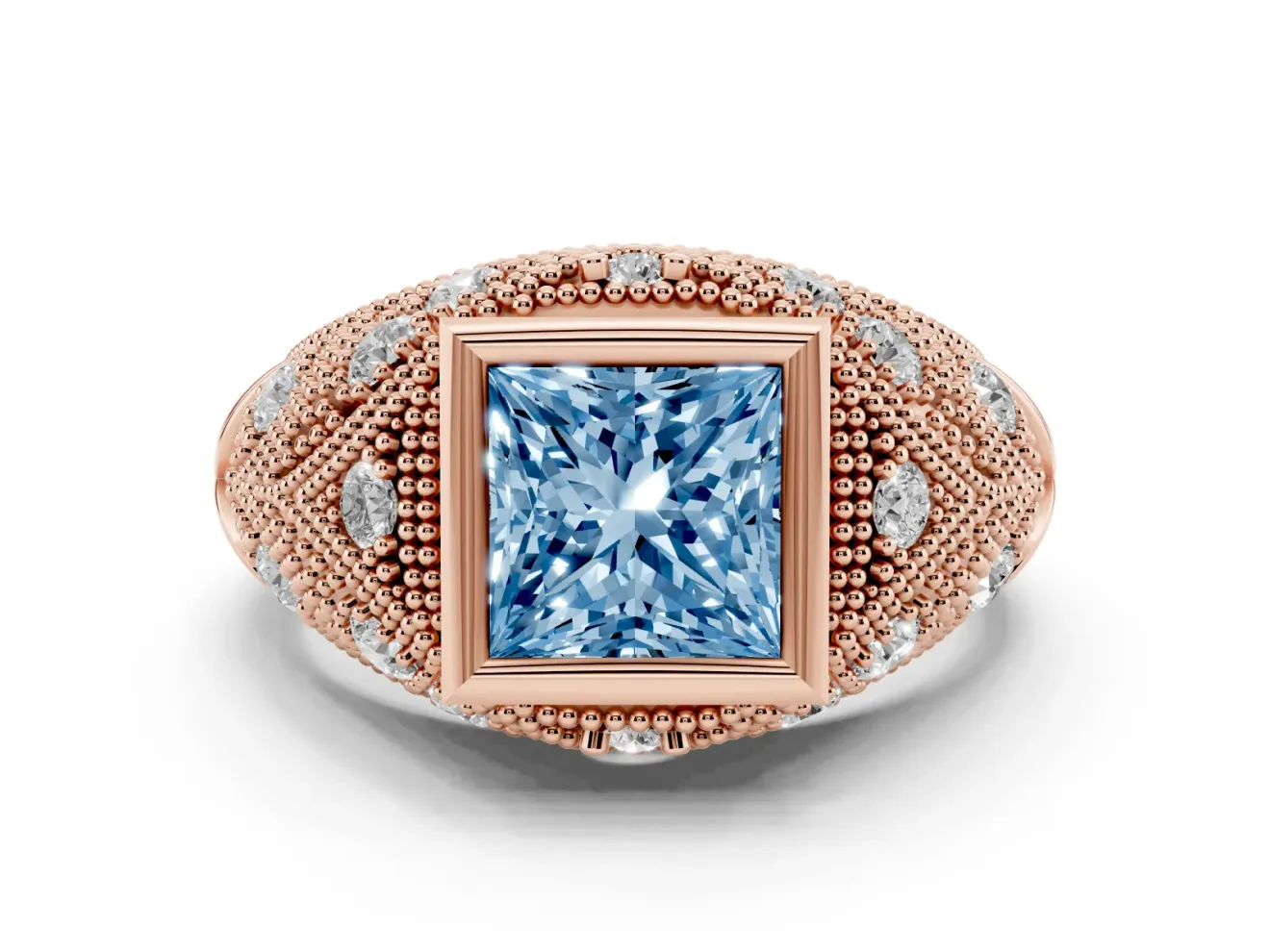 Fancy Blue Princess Cut Diamond Bezel Ring Set in Rose gold with Milgrain Accent Band
