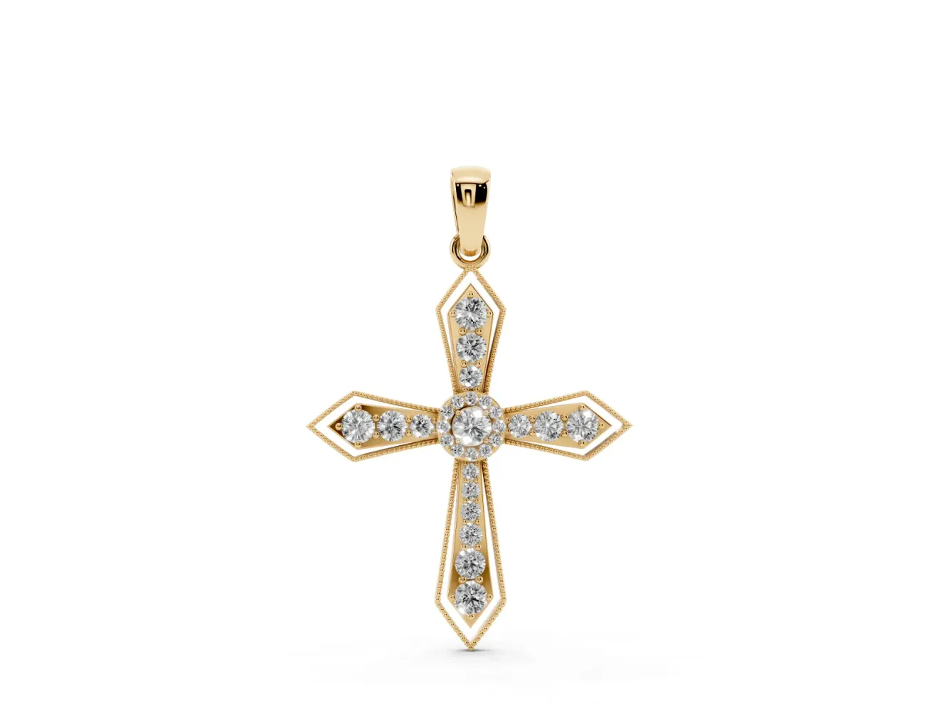 Round Lab-Grown Diamond Vintage Milgrain Cross Pendant Necklace | Pointed Arms | Yellow Gold