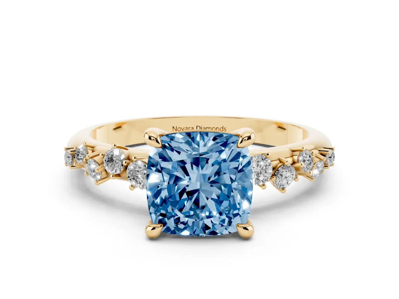 Cushion Cut Graduated Engagement Ring Setting for a Fancy Blue Lab-Grown Diamond | Yellow Gold