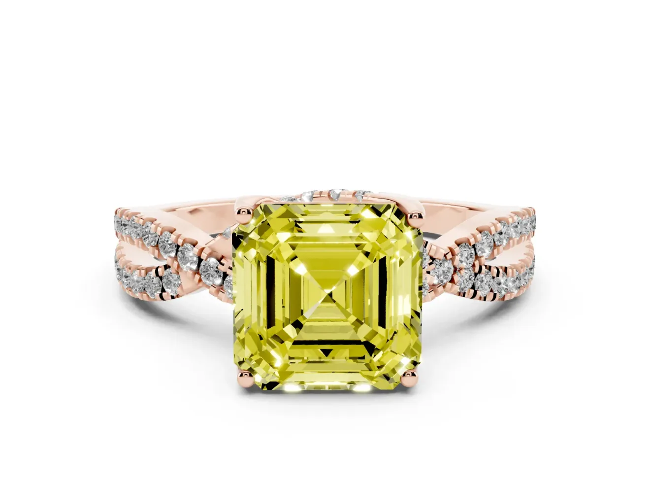 Asscher Cut Twisted Pave Engagement Ring Setting for a Fancy Yellow Lab-Grown Diamond | Split Shank | Rose Gold