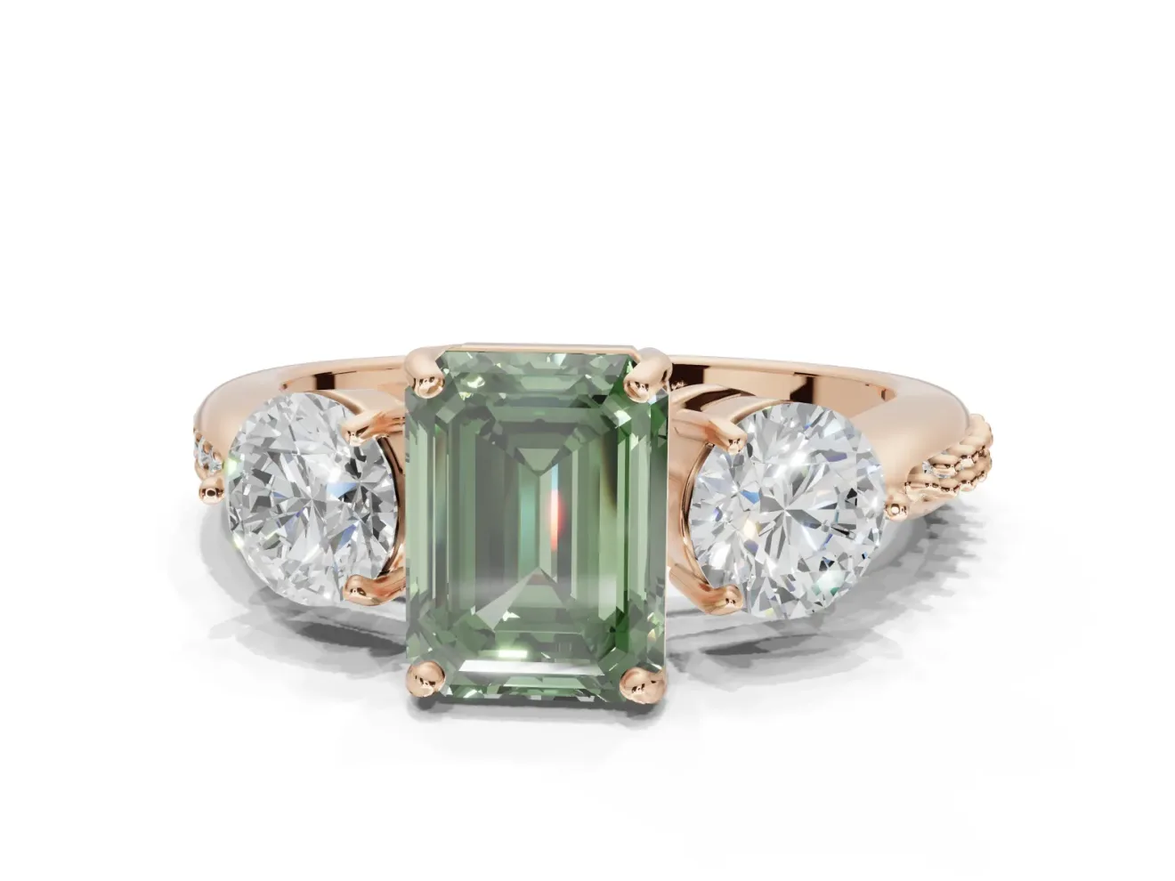 Emerald Cut Three Stone Engagement Ring Setting for a Fancy Green Lab-Grown Diamond | Tapered Pave Band | Rose Gold