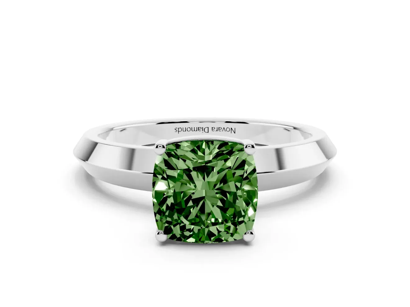 Fancy Green Cushion Cut Diamond Solitaire Engagement Ring Set in Platinum with Flat Band and Prong Setting