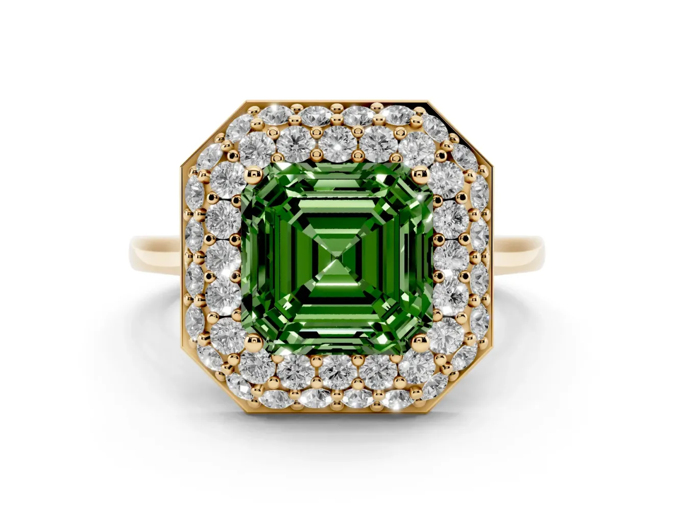 Fancy Green Asscher Cut Diamond Halo Engagement Ring Set in Yellow gold with Solitaire Band and Prong Setting