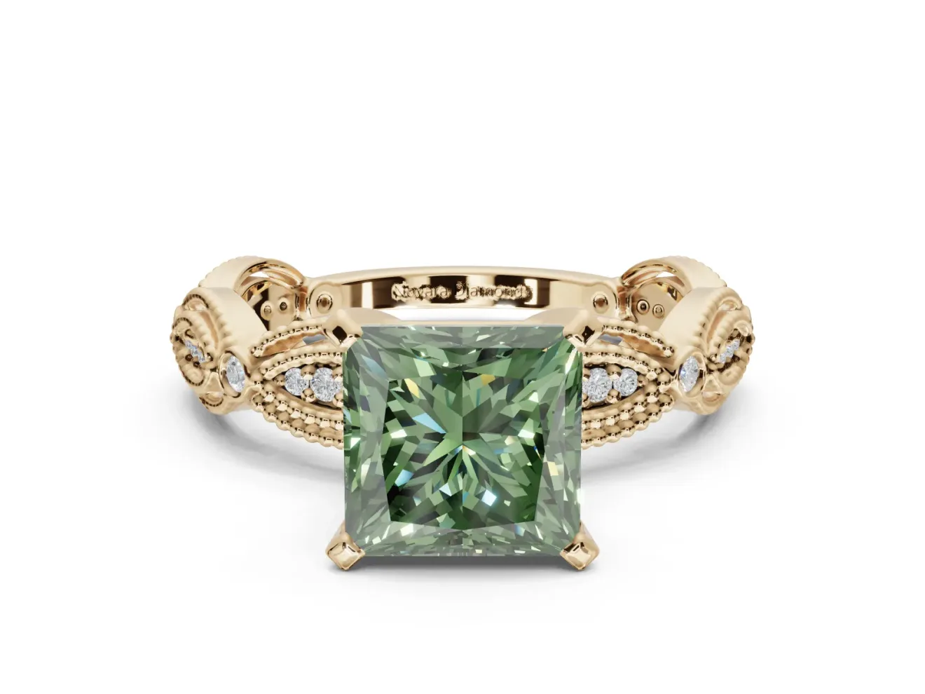 Princess Cut Vintage Engagement Ring Setting for a Fancy Green Lab-Grown Diamond | Graduated Stations | Yellow Gold