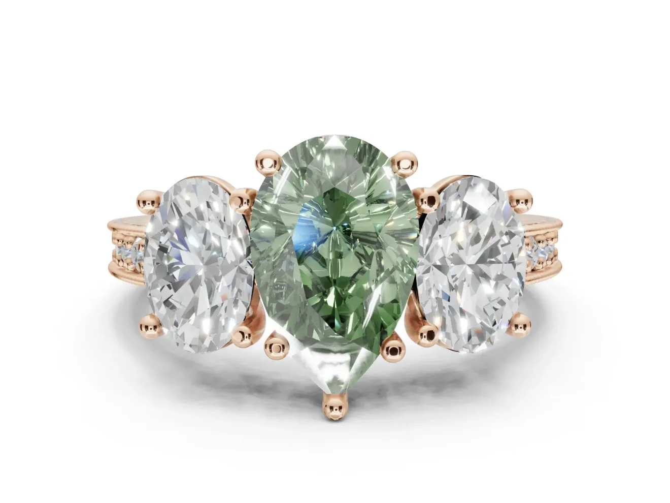 Pear-Shaped Vintage Three Stone Engagement Ring Setting for a Fancy Green Lab-Grown Diamond | Graduated Pavé | Rose Gold