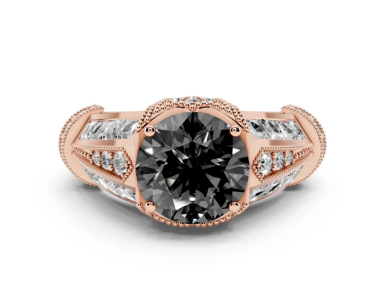 Fancy Black Round Cut Diamond Vintage-Inspired Milgrain Ring Set in Rose gold with Accent Split Shank