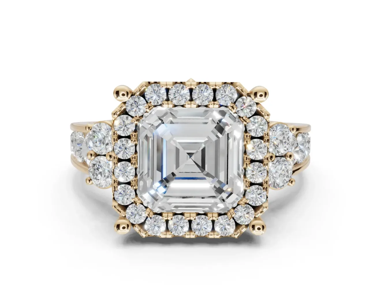 Asscher Cut Halo Side Cluster Engagement Ring Setting | Graduated Channel Band | Yellow Gold
