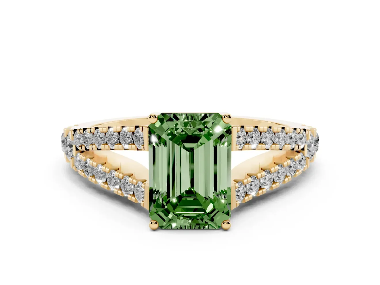 Emerald Cut Graduated Split Shank Engagement Ring Setting for a Fancy Green Lab-Grown Diamond | Yellow Gold