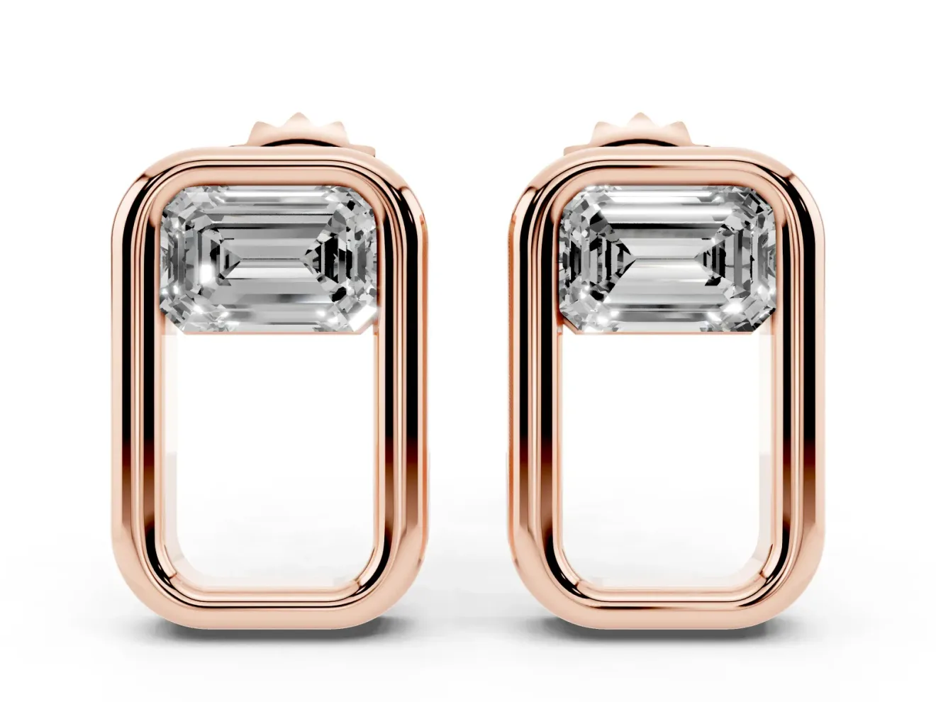 Emerald Cut Lab-Grown Diamond East-West Open Frame Stud Earrings | Polished Frame | Rose Gold