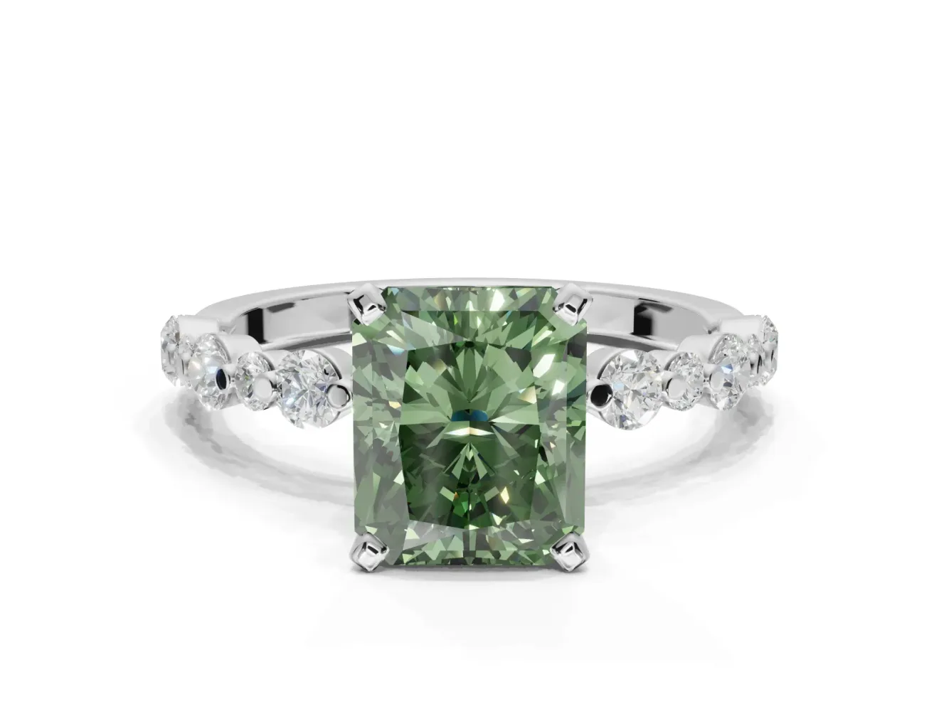 Radiant Cut Pavé Solitaire Engagement Ring Setting for a Fancy Green Lab-Grown Diamond | Alternating Accents | Platinum