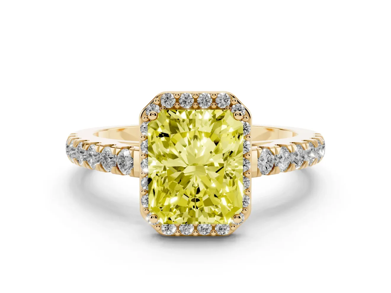 Fancy Yellow Radiant Cut Diamond Halo Engagement Ring Set in Yellow gold with Pavé Band and Prong Setting