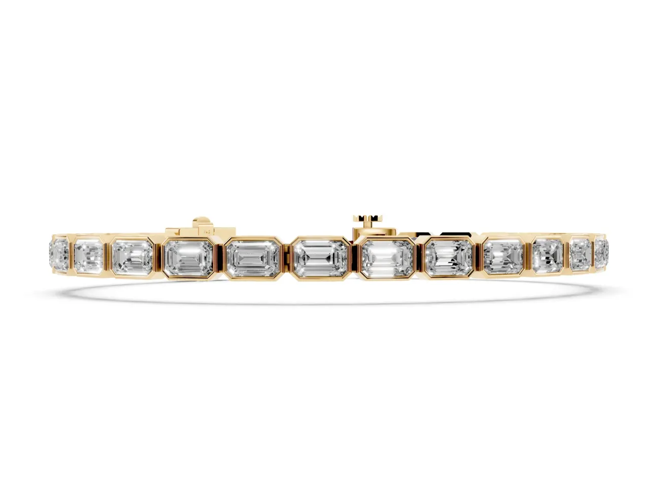 Emerald Cut Lab-Grown Diamond East-West Bezel Tennis Bracelet | Spaced Links | Yellow Gold