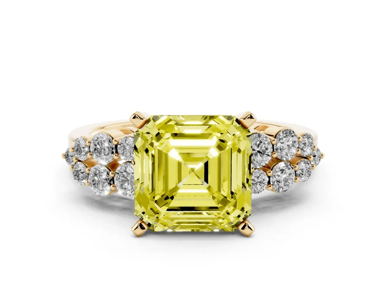Fancy Yellow Asscher Cut Diamond Cluster Engagement Ring Set in Yellow gold with Pavé Band and Prong Setting