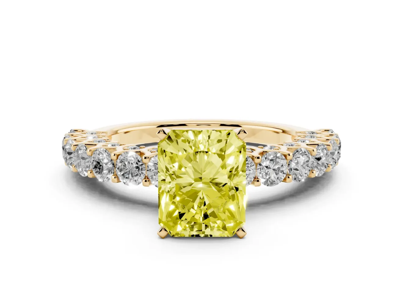Radiant Cut Shared Prong Engagement Ring Setting for a Fancy Yellow Lab-Grown Diamond | Yellow Gold